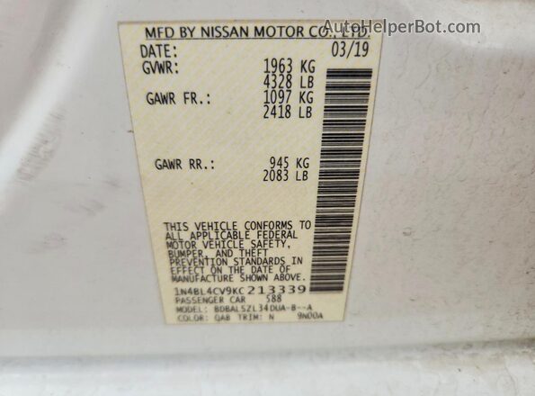 1N4BL4CV9KC213339 2019 NISSAN ALTIMA Белый Вид подкапотного пространства