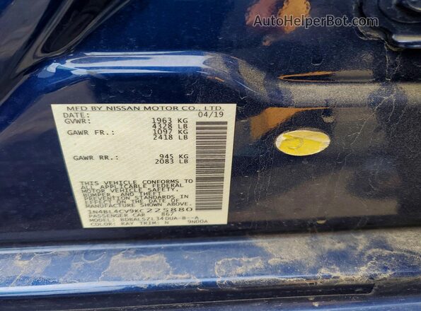 1N4BL4CV9KC225880 2019 NISSAN ALTIMA Blue ძრავის განყოფილების ხედი