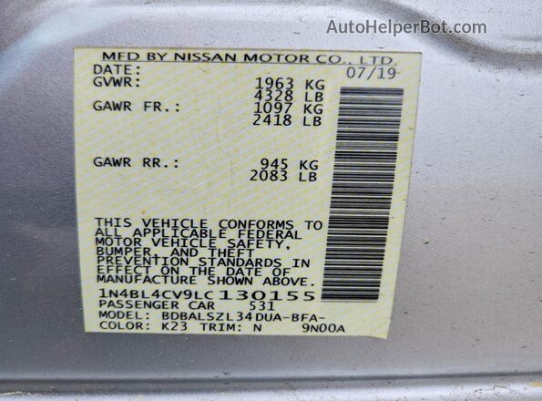 1N4BL4CV9LC130155 2020 NISSAN ALTIMA Silver VIN sticker view