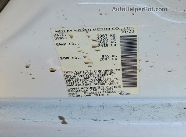 1N4BL4CV9MN312265 2021 NISSAN ALTIMA White Widok naklejki z numerem VIN