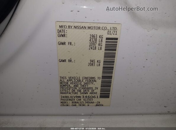 1N4BL4CV9MN346061 2021 NISSAN ALTIMA White Вид підкапотного простору