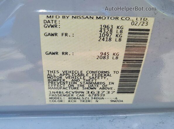 1N4BL4CV9PN363737 2023 NISSAN ALTIMA Gray Vista de la etiqueta del VIN