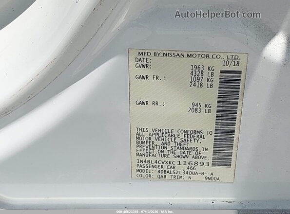 1N4BL4CVXKC116893 2019 NISSAN ALTIMA White Vista del compartimento del motor