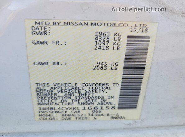 1N4BL4CVXKC166158 2019 NISSAN ALTIMA White Вид підкапотного простору