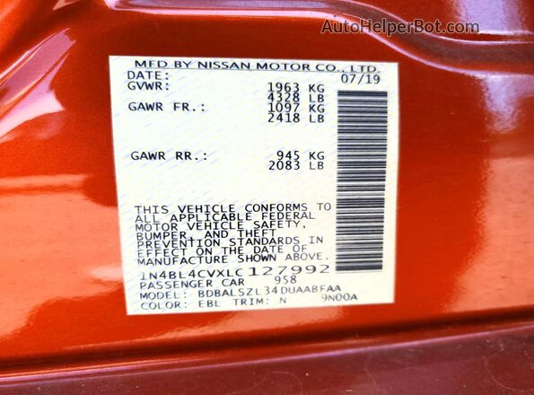 1N4BL4CVXLC127992 2020 NISSAN ALTIMA Оранжевый Вид подкапотного пространства