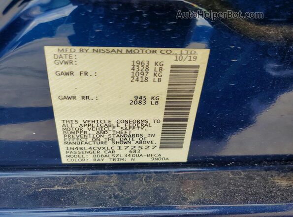 1N4BL4CVXLC172527 2020 NISSAN ALTIMA Blue Vista de los asientos traseros