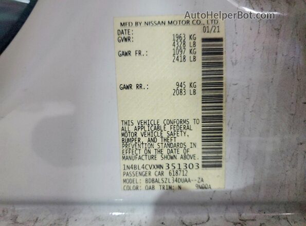 1N4BL4CVXMN351303 2021 NISSAN ALTIMA White Widok naklejki z numerem VIN