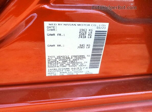1N4BL4CVXMN369574 2021 NISSAN ALTIMA Orange ძრავის განყოფილების ხედი