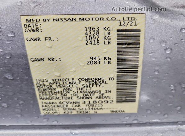 1N4BL4CVXNN318092 2022 NISSAN ALTIMA Silver Вид наклейки з VIN-кодом