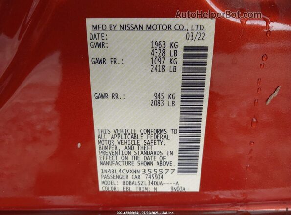 1N4BL4CVXNN355577 2022 NISSAN ALTIMA Orange Engine compartment view