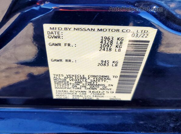 1N4BL4CVXNN360259 2022 NISSAN ALTIMA Blue ძრავის განყოფილების ხედი