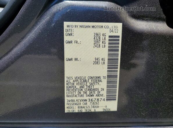 1N4BL4CVXNN367874 2022 NISSAN ALTIMA Gray Vista de la etiqueta del VIN