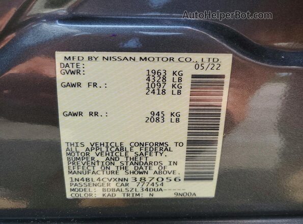 1N4BL4CVXNN387056 2022 NISSAN ALTIMA Gray VIN კოდის სტიკერის ხედი
