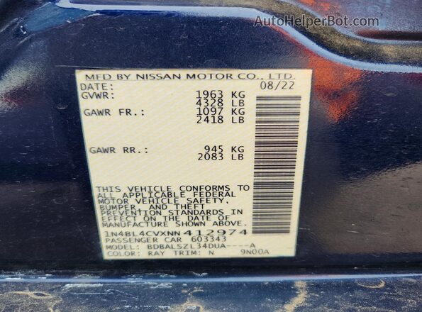 1N4BL4CVXNN412974 2022 NISSAN ALTIMA Blue VIN կոդի պիտակի տեսք
