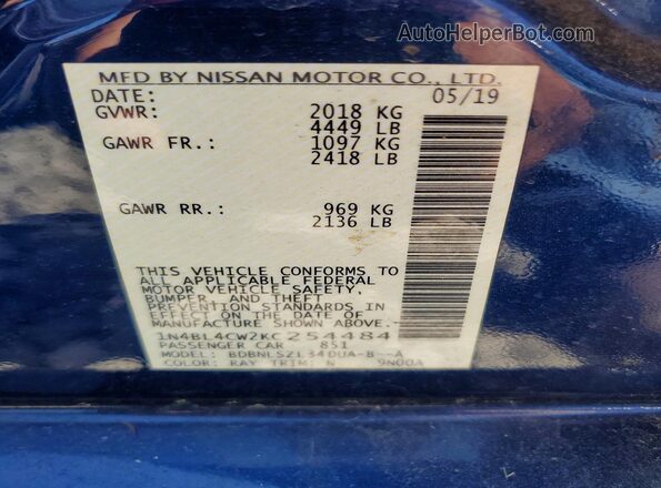 1N4BL4CW2KC254484 2019 NISSAN ALTIMA Blue Vista del compartimento del motor