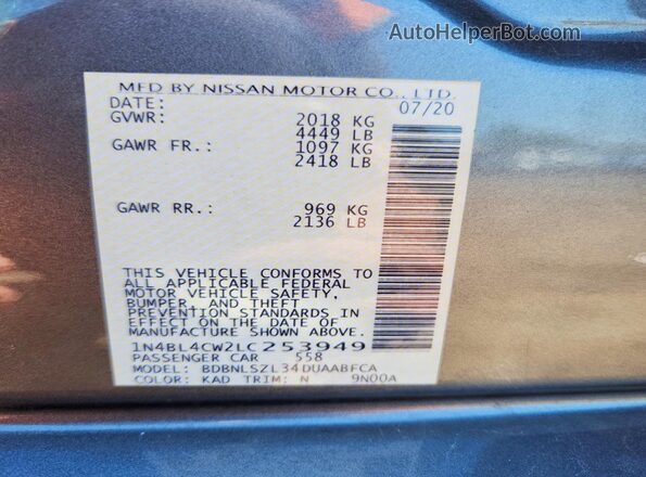 1N4BL4CW2LC253949 2020 NISSAN ALTIMA Charcoal VIN კოდის სტიკერის ხედი