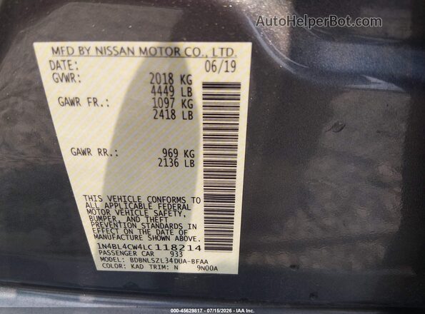 1N4BL4CW4LC118214 2020 NISSAN ALTIMA Gray Շարժիչի բաժամունքի տեսք