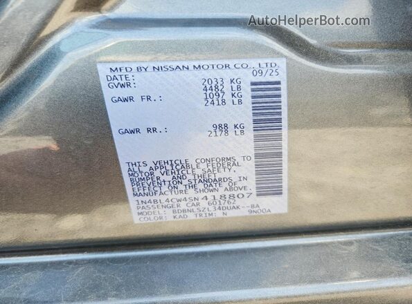 1N4BL4CW4SN418807 2025 NISSAN ALTIMA Gray VIN կոդի պիտակի տեսք