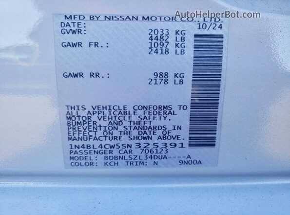1N4BL4CW5SN325391 2025 NISSAN ALTIMA Синий Вид наклейки с VIN-кодом