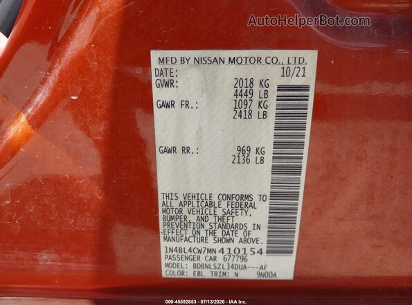 1N4BL4CW7MN410154 2021 NISSAN ALTIMA Orange Vista del compartimento del motor