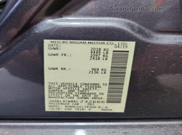 1N4BL4CW8KC232666 2019 NISSAN ALTIMA Серый Вид подкапотного пространства