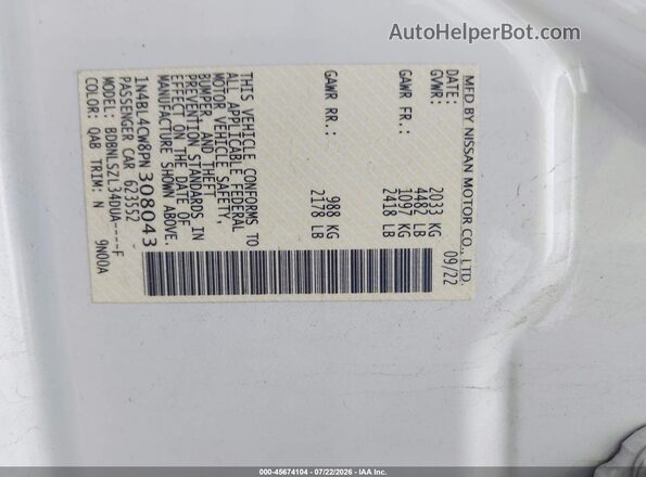 1N4BL4CW8PN308043 2023 NISSAN ALTIMA White ძრავის განყოფილების ხედი