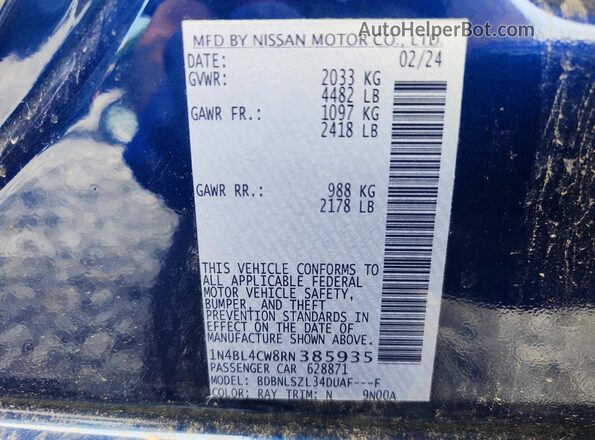 1N4BL4CW8RN385935 2024 NISSAN ALTIMA Blue Вид наклейки з VIN-кодом