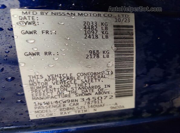 1N4BL4CW9RN345072 2024 NISSAN ALTIMA Blue VIN კოდის სტიკერის ხედი