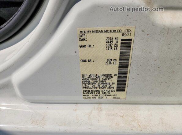 1N4BL4CWXMN374265 2021 NISSAN ALTIMA White Вид наклейки з VIN-кодом