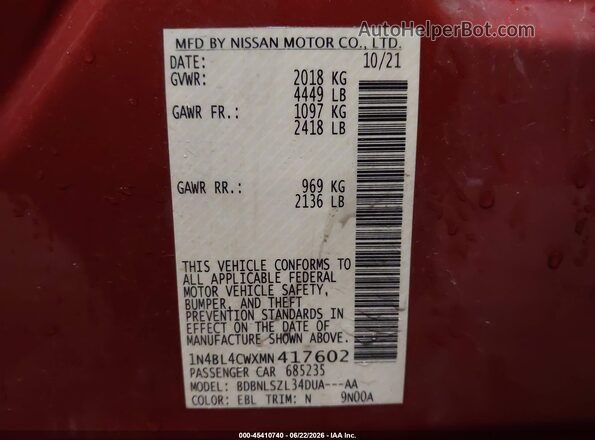 1N4BL4CWXMN417602 2021 NISSAN ALTIMA Orange Vista del compartimento del motor