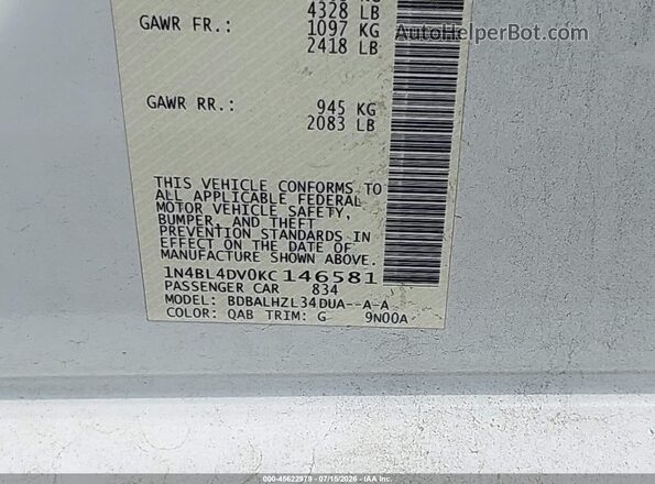 1N4BL4DV0KC146581 2019 NISSAN ALTIMA White Widok komory silnika