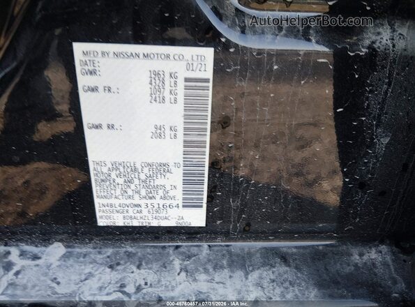 1N4BL4DV0MN351664 2021 NISSAN ALTIMA Черный Вид подкапотного пространства