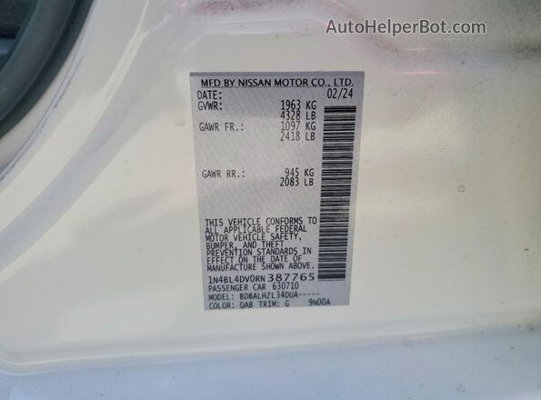 1N4BL4DV0RN387765 2024 NISSAN ALTIMA White Engine compartment view
