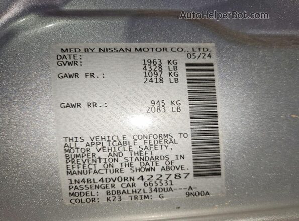 1N4BL4DV0RN422787 2024 NISSAN ALTIMA Silver Շարժիչի բաժամունքի տեսք