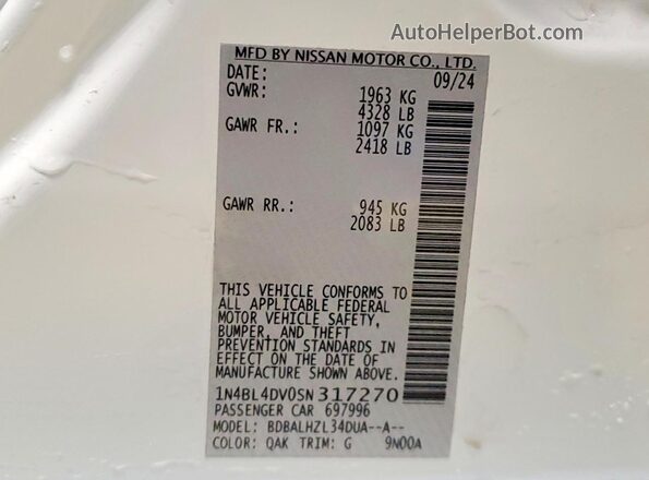 1N4BL4DV0SN317270 2025 NISSAN ALTIMA White Widok naklejki z numerem VIN