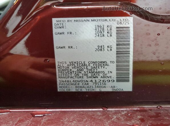 1N4BL4DV0SN412699 2025 NISSAN ALTIMA Бордовый Вид наклейки с VIN-кодом