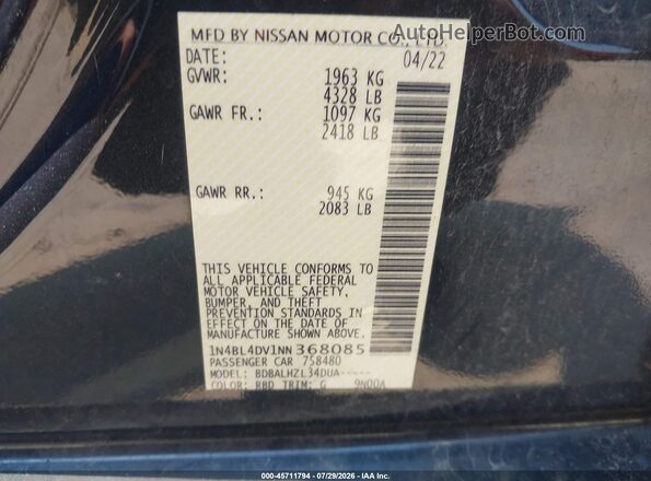 1N4BL4DV1NN368085 2022 NISSAN ALTIMA Blue Շարժիչի բաժամունքի տեսք