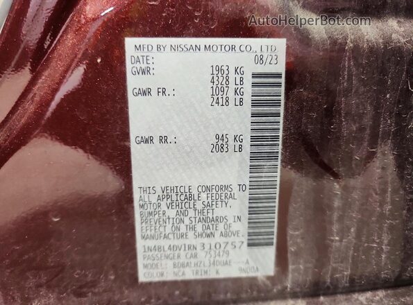 1N4BL4DV1RN310757 2024 NISSAN ALTIMA Maroon Вид підкапотного простору