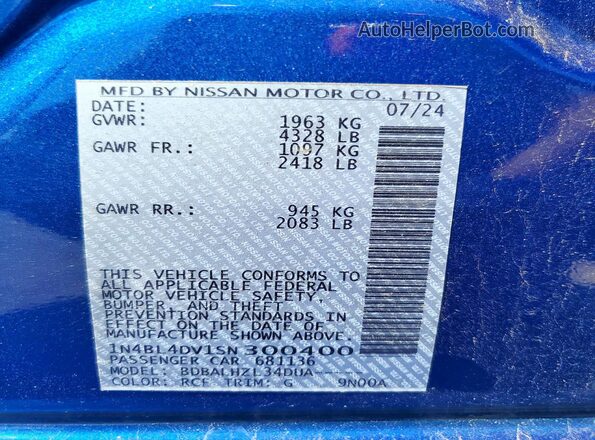 1N4BL4DV1SN300400 2025 NISSAN ALTIMA Blue Widok naklejki z numerem VIN