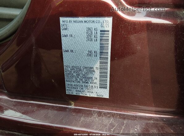 1N4BL4DV1SN365831 2025 NISSAN ALTIMA Maroon ძრავის განყოფილების ხედი