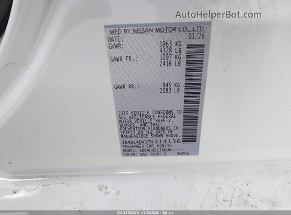 1N4BL4DV1TN314136 2026 NISSAN ALTIMA White Widok komory silnika
