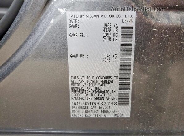 1N4BL4DV1TN337738 2026 NISSAN ALTIMA Gray Շարժիչի բաժամունքի տեսք