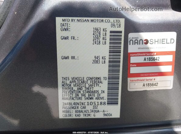 1N4BL4DV2KC105188 2019 NISSAN ALTIMA Gray ძრავის განყოფილების ხედი