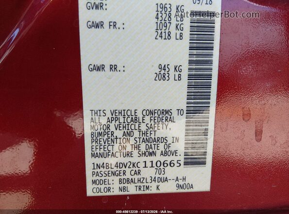 1N4BL4DV2KC110665 2019 NISSAN ALTIMA Red Vista del compartimento del motor
