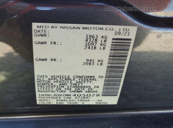 1N4BL4DV2MN405028 2021 NISSAN ALTIMA Серый Вид подкапотного пространства