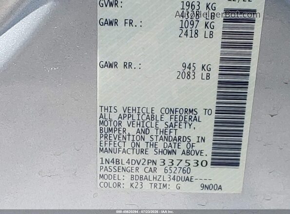 1N4BL4DV2PN337530 2023 NISSAN ALTIMA Серебряный Вид подкапотного пространства