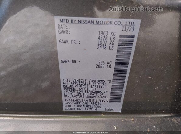 1N4BL4DV2RN351365 2024 NISSAN ALTIMA Gray Vista del compartimento del motor
