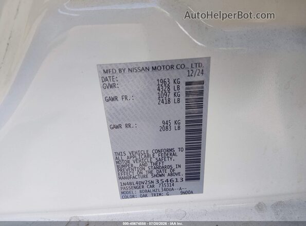 1N4BL4DV2SN354613 2025 NISSAN ALTIMA White Vista del compartimento del motor