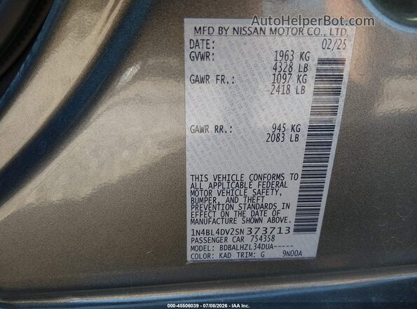 1N4BL4DV2SN373713 2025 NISSAN ALTIMA Gray Vista del compartimento del motor