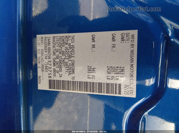 1N4BL4DV2SN373758 2025 NISSAN ALTIMA Blue Շարժիչի բաժամունքի տեսք